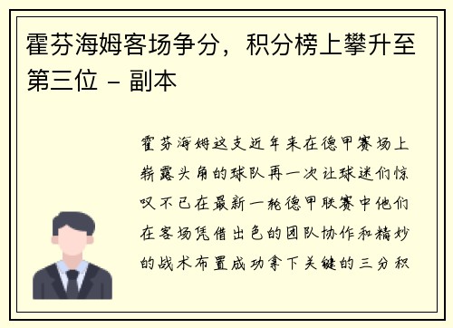 霍芬海姆客场争分，积分榜上攀升至第三位 - 副本