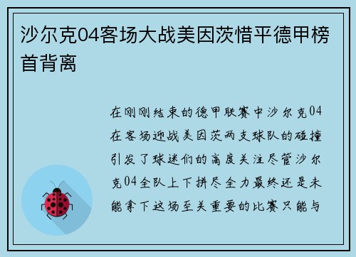 沙尔克04客场大战美因茨惜平德甲榜首背离