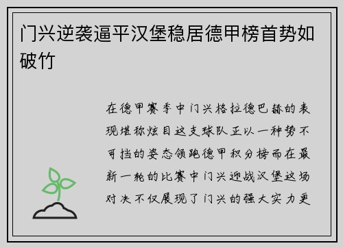 门兴逆袭逼平汉堡稳居德甲榜首势如破竹