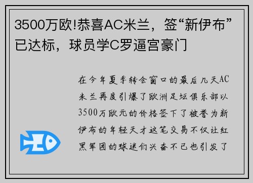 3500万欧!恭喜AC米兰，签“新伊布”已达标，球员学C罗逼宫豪门