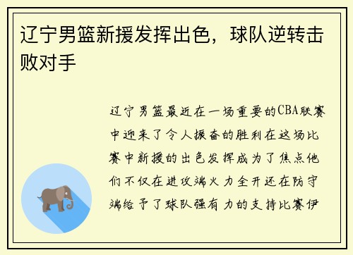 辽宁男篮新援发挥出色，球队逆转击败对手