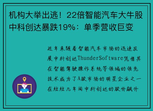 机构大举出逃！22倍智能汽车大牛股中科创达暴跌19%：单季营收巨变