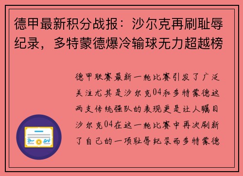 德甲最新积分战报：沙尔克再刷耻辱纪录，多特蒙德爆冷输球无力超越榜首