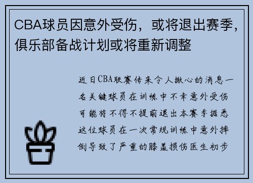 CBA球员因意外受伤，或将退出赛季，俱乐部备战计划或将重新调整